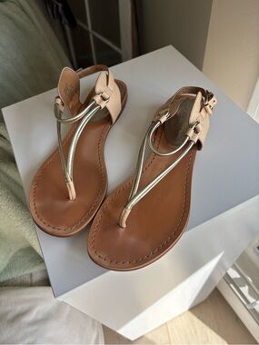 Coach Leather T-Strap Sandals in Tan and Metallic Gold - Women
